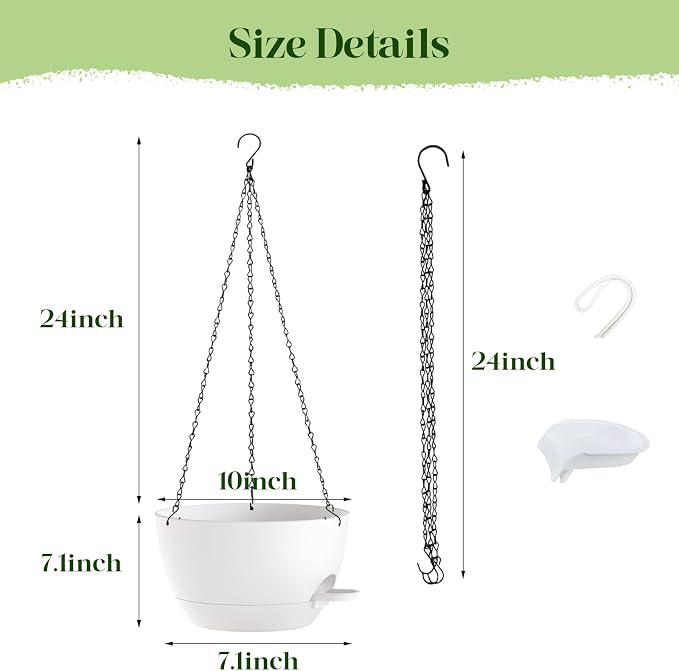2 Pack 10 Inch Self Watering Hanging Planters for Indoor Plants, Large White Plastic Hanging Pots with Chains for Outdoor Patio Garden Home Decor (White)