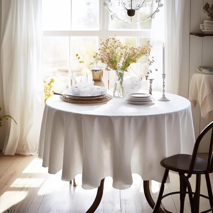 EVERLY 100% Pure Linen Round Tablecloth 60Inches for Dining,Buffet Parties,Picnic,Events,Weddings and Restaurants,Decorative Halloween,Thanksgiving Machine Washable Tablecloths-White