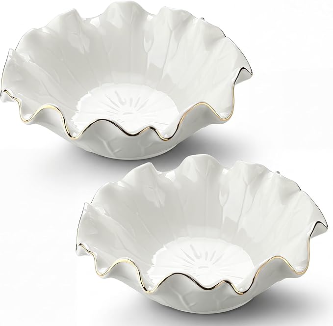 2 Pack White Lotus Ceramic Decorative Bowls 7.48 x 2.56 Inch Ruffle Lotus Leaf Scalloped Bowl with Gold Trim for Coffee Table Counter Keys Coins Catchall