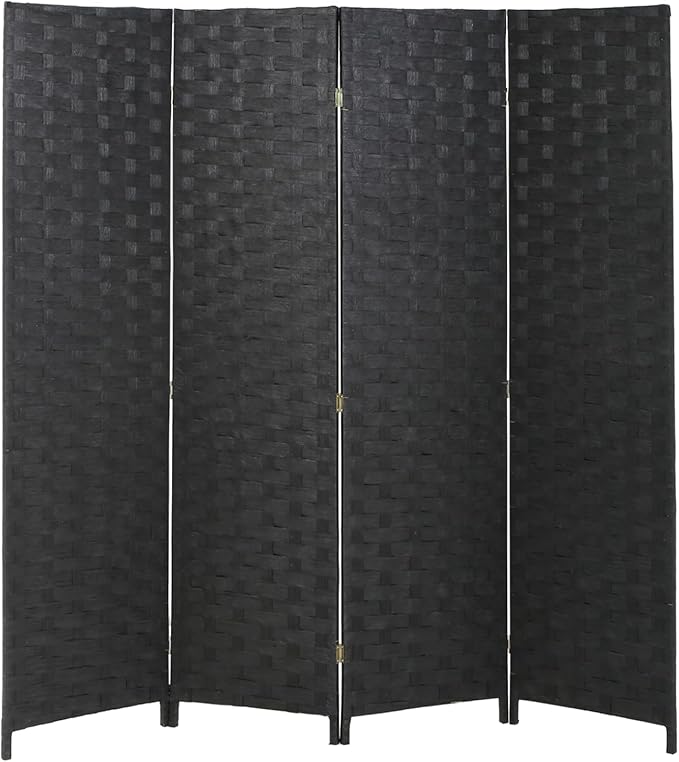 PayLessHere Room Divider 6FT Wood Mesh Hand-Woven Room Divider, 4-Panel Indoor Folding Portable Partition Screen,Black