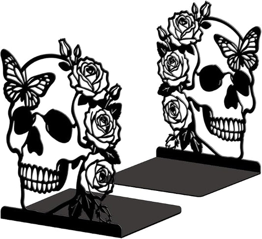 Peacoblue Metal Bookends for Shelves, Modern Decorative Heavy Duty Study Book Ends Stoppers for Office Desk Shelf, Room 5.3"x4.3"x6.7" Cast Iron Tall Bookends 1 Pair (Skeleton Rose and Butterfly)