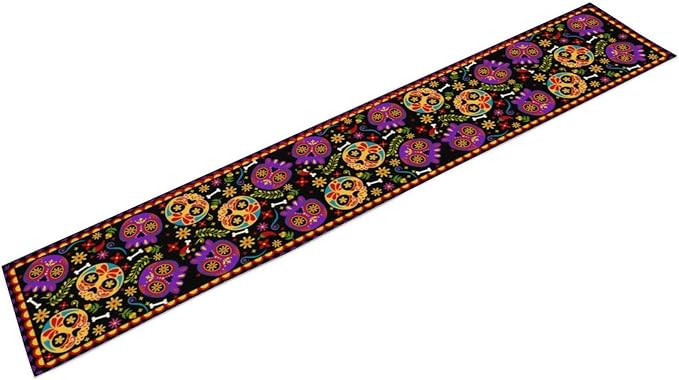 Mexican Fiesta Table Runner Decoration Skull Cinco De Mayo Dia De Los Muertos Runners Farmhouse Rustic Day of The Dead Decor Supplies for Kitchen Dining Home, 13x60 Inch Black