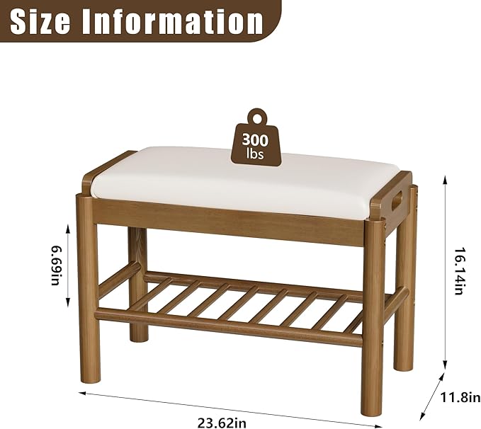 Shoe Storage Bench with Cushion - 2 Tier Shoe Rack for Front Door Entrance, Wood Shoes Rack, Entryway Bench with Shoes Storage for Closet,Hallway,Bedroom&Living Room(Walnut, 23.6" W)