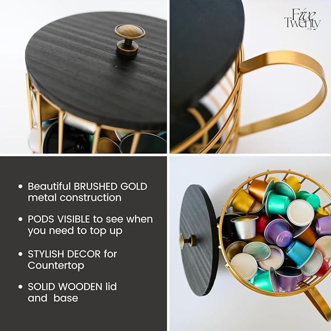 Coffee Pod Holder – Compatible with Nespresso Vertuo Pods and Capsules - Gold Metal K Cup Holder - Cute Coffee Pod Basket w/ Wooden Base & Lid - Coffee Pod Storage - Coffee Bar Decor