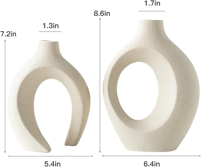 Snuggle Hollow Ceramic Donut Vase Set of 2 for Coffee Table Decor, Decorative Vases for Boho Modern Table Centerpieces Home Living Room Entryway Table Shelves Decoration, Beige, 6.3" W x 8.4" H