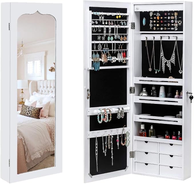Non Full Length Mirror Jewelry Cabinet - Wooden Wall Hanging Jewelry Organizer - Wall Mounted Jewelry Mirror Cabinet - Jewelry Armoire With Mirror - 4-Layer Shelf, 6 Drawers, 8 Blue LED Lights - White