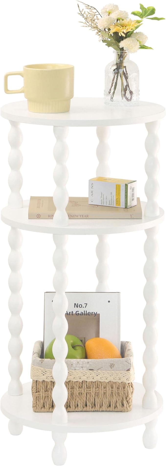 AWASEN Small Round Side Table, White End Table with 3-Tier Open Shelf for Small Spaces, Round Bedside Table Nightstand for Bedroom, Living Room, Office, White