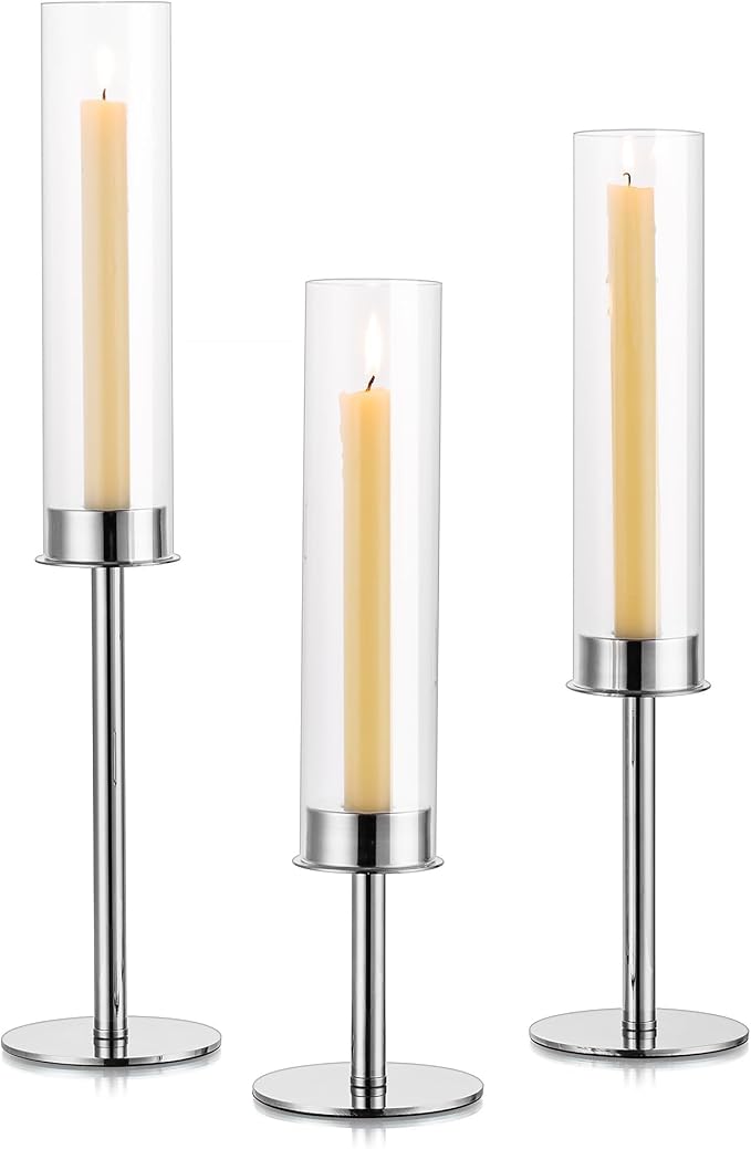 Hurricane Taper Candle Holders: Silver Glass Candlestick Holder Tall Candle Sticks Holder Decor with Glass Cover for Wedding Table Centerpiece Party Birthday Christmas Home Mantel Set of 3