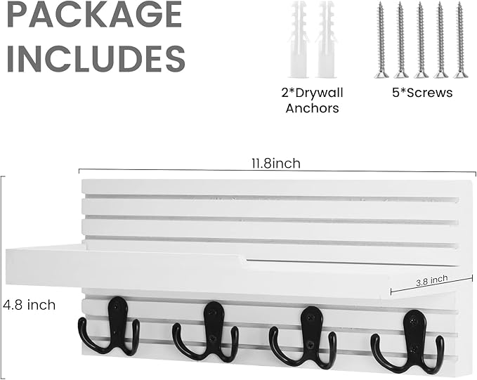 Decorative Key Hanging Rack with 4 Double Hooks – Easy Install Natural Wooden Key and Mail Holder for Wall Mount – Entryway Decor Rack with Shelf (White)