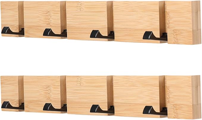 KYSMOTIC Wooden Wall Mounted Folding Coat Rack – Modern, Sleek Space-Saving Hanger for Entryway, Hallway, Living Room, Bedroom, Bathroom – Natural 4 Hooks(2 Pack)