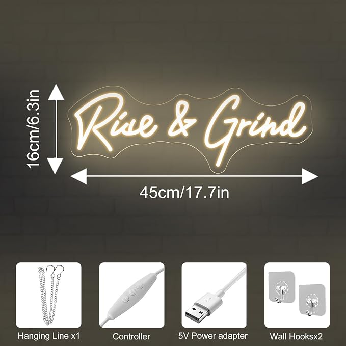 Rise and Grind Neon Sign, Motivational LED Neon Sign for Wall Decor, Dimmable USB Light Up Sign for Bedroom Office Gym Sports Room Man Cave, Pirational Neon Wall Art Gift for Men Coworkers, 17.7x6.3"