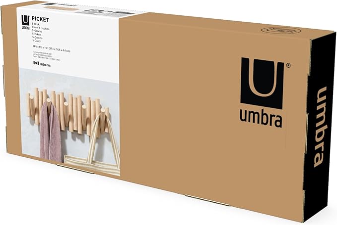 Umbra Picket Wall-Mounted Coat Rack Rail Hook with 5 Retractable Wood Pegs – Modern, Space-Saving Storage Organizer, Natural (Pack of 3)