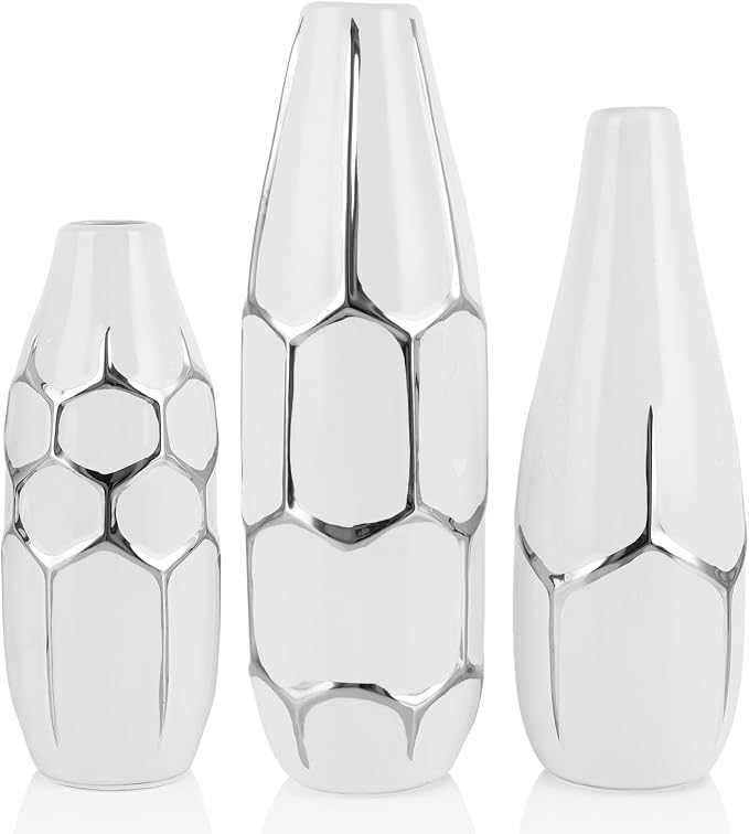Ceramic Vase Set of 3, Modern Vases for Home Decor, White and Silver for Living Room, Kitchen, Bedroom, Bathroom, Entryway Mantel, Living Room TV Cabinet Decoration