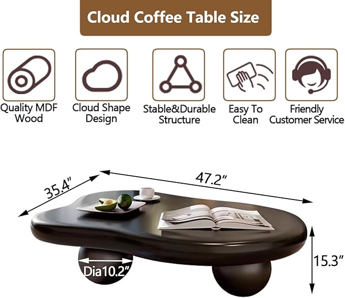 Cloud Coffee Table Modern Cute Coffee Tables Irregular Simple Tea/Center Table for Small Space End Table for Living Room, Home Office, Indoor (Irregular Shape Black 47" Wx35.4 Dx15.3 H)