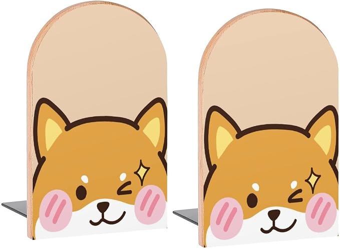 Kawaii Shiba Inu Face Book Ends Decorative Wood Bookends for Shelves Kids Room Desk Home Office Book Stoppers for Magazines,Books, DVDs, 1 Pair/2 Pieces(5x3.1 in)