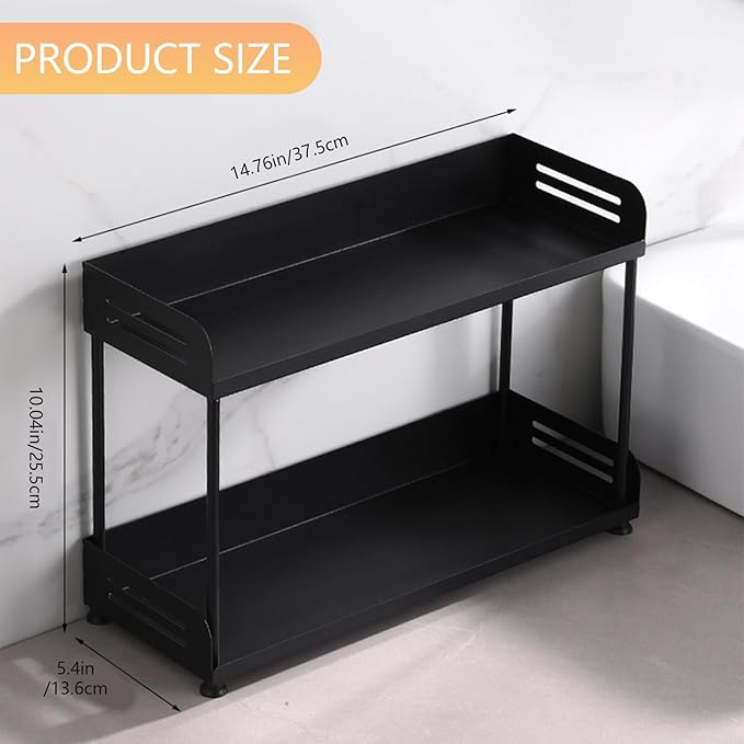 2-Tier Countertop Organizer Shelf – Functional Storage Rack for Kitchen, Bathroom, Vanity, Bedroom & More – Ideal for Spices, Toiletries, Skincare, and Makeup (Black)