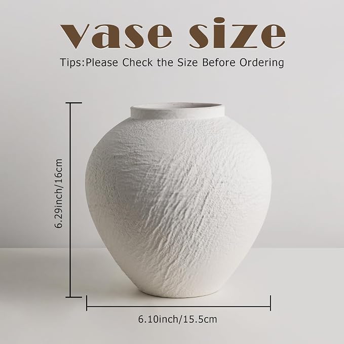 Vintage Stone Textured Ceramic Vase, Minimalist White Flower Vase, Rustic Decorative Centerpiece for Farmhouse, Living Room, Shelf, Dining Table Home Decor,Small-Sized (White Texture 6.3'' Tall)