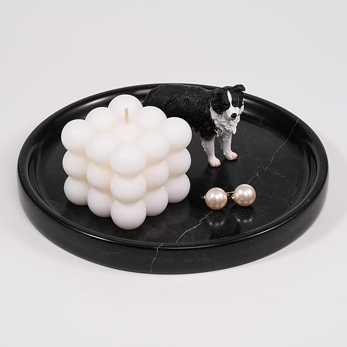 Marble Perfume Jewelry Tray - Stone Trinket Ring Key Purse Holder Dish, Round Plate Decorative Bowl for Nightstand Entryway Coffee Table Decor (7.9 inch)
