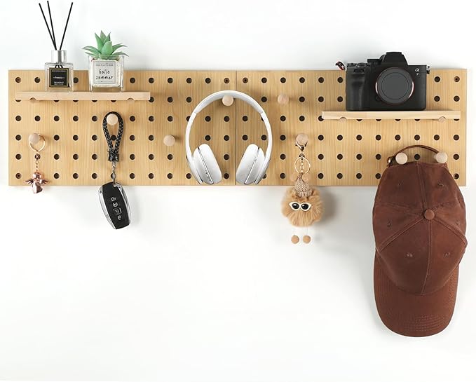 2 Pack Beige Wooden Pegboard, Modular Wall Organizer Storage Shelf with Hooks, Multi‑Use Display Peg Board for Home Office Bathroom Laundry Room