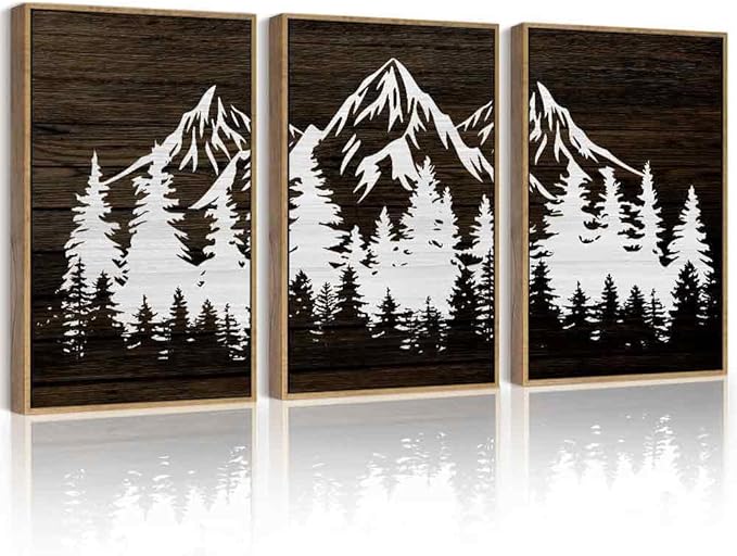 PHOPAGO Mountains Tree Framed Wall Art Large 16x24in Boho Forest Nature Landscape Artwork Paints Morden Country Woodcut Wood Wall Decor Rustic Home Decor - Natural Framed