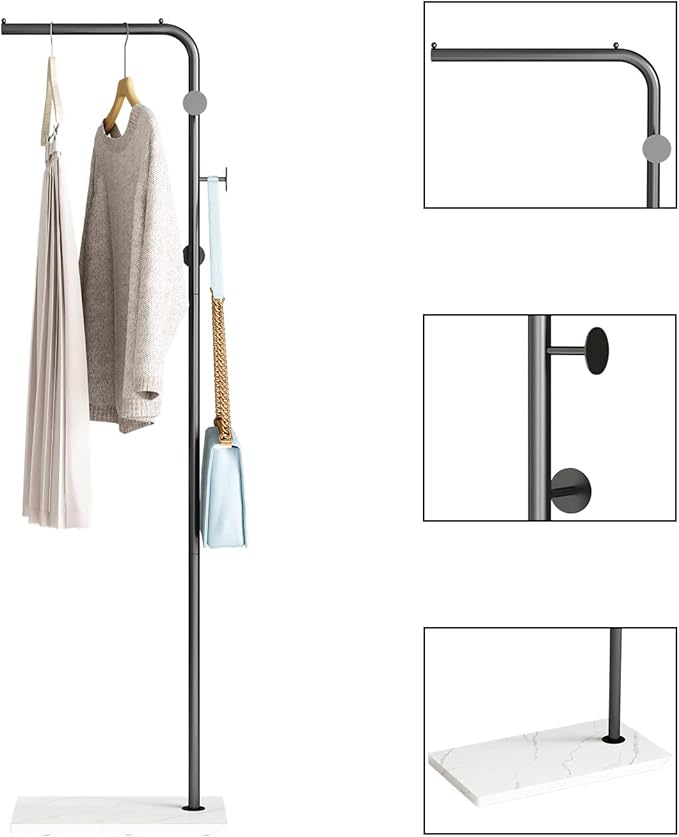 DOORXIFO Black Coat Racks with White Base, Entryway Coats Racks Freestanding with 3 Hooks, L Shape Home Coat Hanger for Jackets, Coats, Hats, Clothes