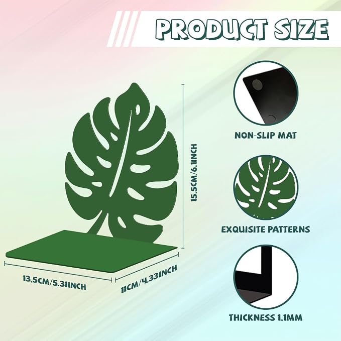 Peacoblue Metal Bookends for Shelves, Modern Decorative Heavy Duty Study Book Support Stoppers for Office, Desk, Shelf, Room 5.3"x4.3"x6.1" Cast Iron Simple Green Book Ends, 1 Pair (Monstera Leaf)