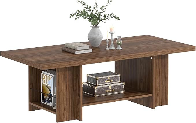 FOLUBAN Coffee Table, Modern Wood Living Room Table with Storage Bottom Shelf & Side Shelves, Rectangle Center Table Cocktail Tea Table for Home Office, Rustic Walnut, 47 Inch