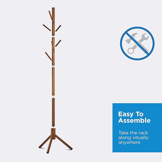 MELDEVO Wooden Tree Coat Rack Stand, 6 Hooks - 3 Adjustable Sizes Free Standing Coat Rack, Hallway/Entryway Coat Hanger Stand for Clothes, Suits, Accessories
