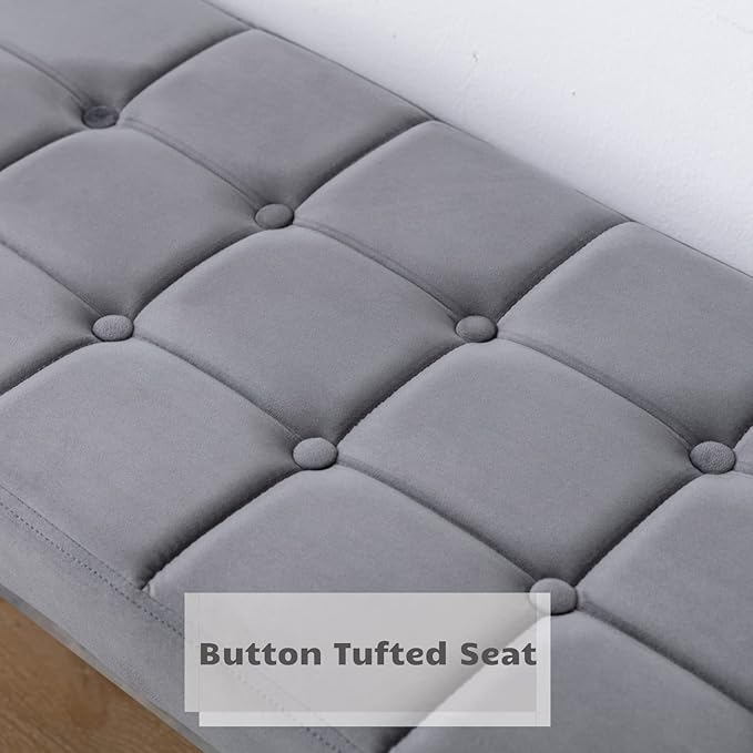 HEAH-YO Modern Dining Bench for Table, Button Tufted Ottoman Bench with Metal Legs, Upholstered Velvet Fabric Footstool for Living Room Entryway, Grey
