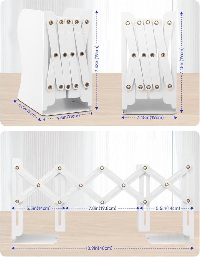 Honagu Adjustable Bookends, Metal Book Ends for Shelves Heavy Book, Desk Magazine File Organizer for Home, Office, Books, Papers, Extends up to 19 inches, for Students,Teachers (White)