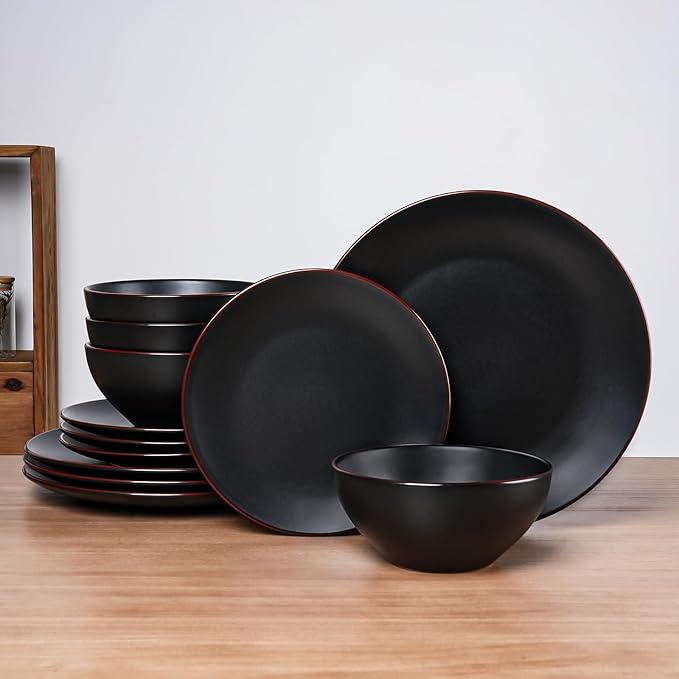 Famiware Venus Plates and Bowls Sets with Trim, 12 Pieces Stoneware Chip Resistant Dinnerware Dishes for 4, Matte Black - Microwave/Dishwasher Safe, Modern Minimalist, for Everyday Meals/Formal Dining