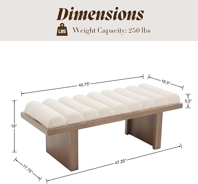 HEAH-YO Modern Bedroom Bench,47 Inches Upholstered Entryway Bench for Bedroom End of Bed with Cylindrical Cushion/Brown Wood Leg,Window Ottoman for Living Room Hallway,Linen Beige