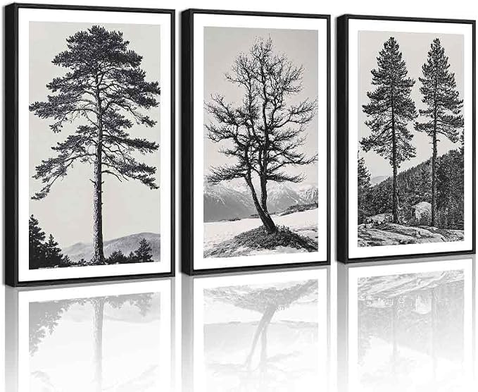 PHOPAGO Vintage Tree Framed Wall Art 16x24in Antique Retro Forest Wall Decor Nature Wilderness Sketch Paints Modern Decor - Black Framed