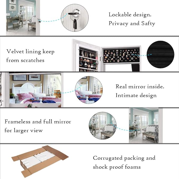 Bonnlo 48” x 15” All Screen Jewelry Armoire Cabinet,Full Length Mirror Display, Beauty Organizer Dressing Makeup,Lockable w/FREE safe key,Wall Mounted or Door Hanging (White)