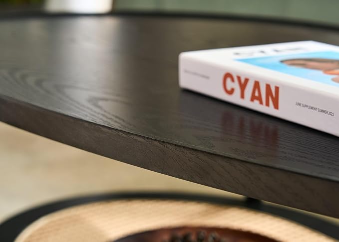 AGV LIGHTING Oval Coffee Table with Storage Shelf, 47" Mid Century Modern Coffee Table for Living Room, Black Wood Finish MDF Top with Rattan Shelf