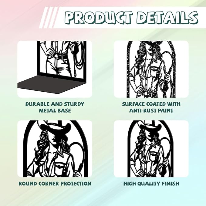 Peacoblue Metal Bookends for Shelves, Modern Decorative Heavy Duty Study Book Ends Stoppers for Office Desk Shelf, Room 5.3"x4.3"x7.9" Cast Iron Tall Bookends 1 Pair (Cowgirl with Hat and Whip)