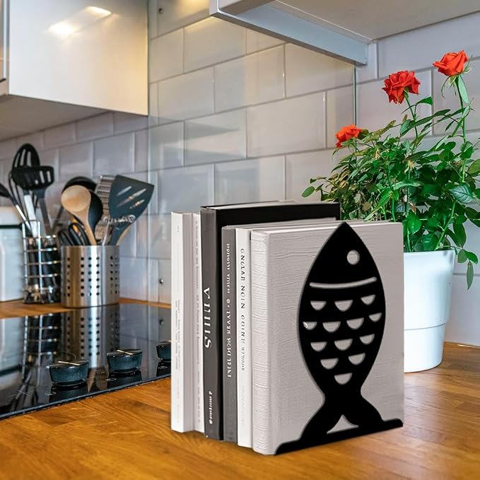 Peacoblue Metal Bookends for Shelves, Modern Decorative Heavy Duty Study Book Ends Stoppers for Office, Desk, Shelf, Room 5.3"x4.3"x7.9" Cast Iron Simple Tall Bookends 1 Pair (Simple Fish)