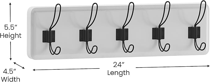 Flash Furniture Daly Wall Mounted Storage Rack - Solid White Solid Pine Wood - 24 Inch - 5 Hanging Hooks - for Entryway, Kitchen, Bathroom