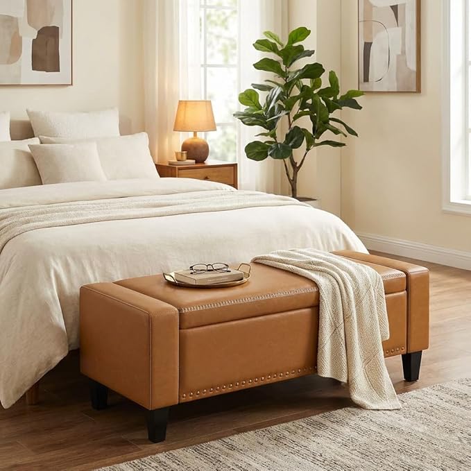 AKMAKM 49''W Storage Ottoman Bench, 30 Gallons End of Bed Bench, Faux Leather, Mid Century Modern, Upholstered Bench with Storage and Seat for Entryway, Living Room, Holds up to 350 lb, Brown