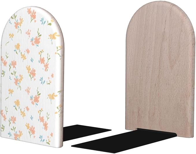 Yellow and Pink Floral Fragments Wood Book Ends for Shelves, Non-Skid Bookends for Office, Library, and Home Decor, 1 Pair
