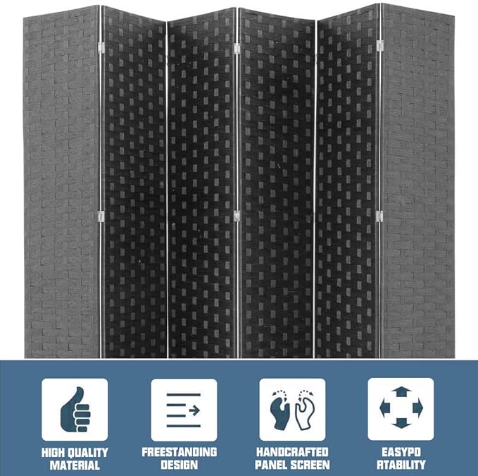 Room Dividers and Folding Privacy Screens 6 Panel 6 ft Foldable Portable Room Seperating Divider, Handwork Wood Mesh Woven Design Room Divider Wall, Room Partitions and Dividers Freestanding, Black