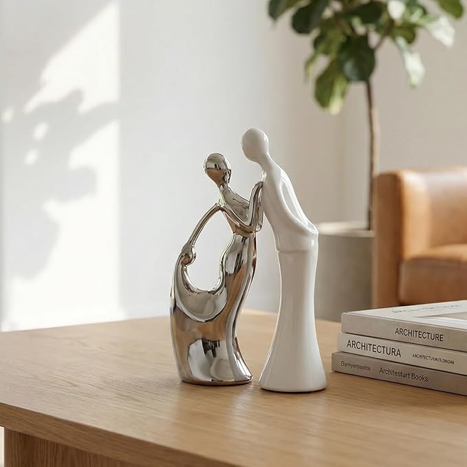 Ceramic Couple Statues Home Decor Lover Sculpture Figurine, Modern Aesthetic Abstract Art Decorative Accent Dining Table Decorations for Living Room Bedroom Bookshelf Table Office (White and Silver)