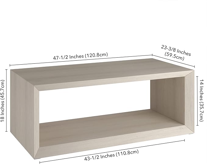 Henn&Hart 48" Rectangular Wood Coffee Table with Open Storage Shelf for Living Room, Family Room, or Office, Beech White