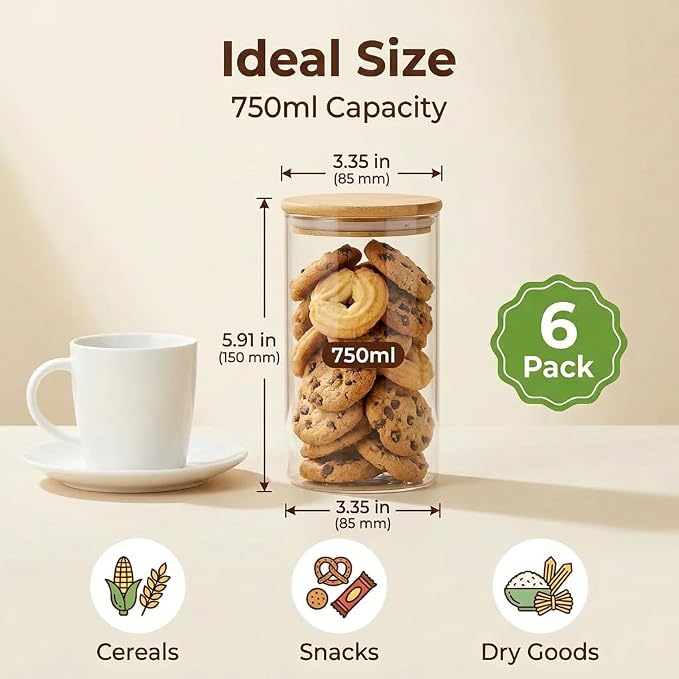 24oz 6-Pack Borosilicate Glass Jars with Airtight Wooden Lids, Clear Food Storage Containers, Kitchen Pantry Canisters for Tea, Flour, Candy, Grain, Microwave & Freezer Safe