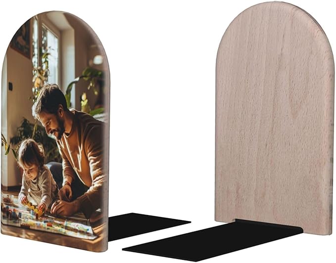 Ouqiuwa Custom Personalized Photo Wood Book Ends L-Shaped for Shelf Holders 2 Pcs, Pictures Text Logo Customizable Book Organizers 4.2 * 6.7 in Decorative for Home Office Library