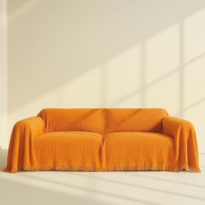 Washable Sofa Cover%100 Pure Cotton,Orange Couch Covers for Loveseat, Futon, Sofa, Sectional L Shape, U Shape, 4 Layered Natural Muslin Cloud Like Boho Couch Cover (Orange, 70x98/177x250cm)