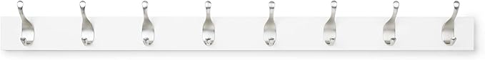 Amazon Basics Wall Mounted Modern Coat Rack for Entryway and Bedroom with Versatile Storage Hooks, Rectangular, 8-Hook, White | Rectangular, Modern
