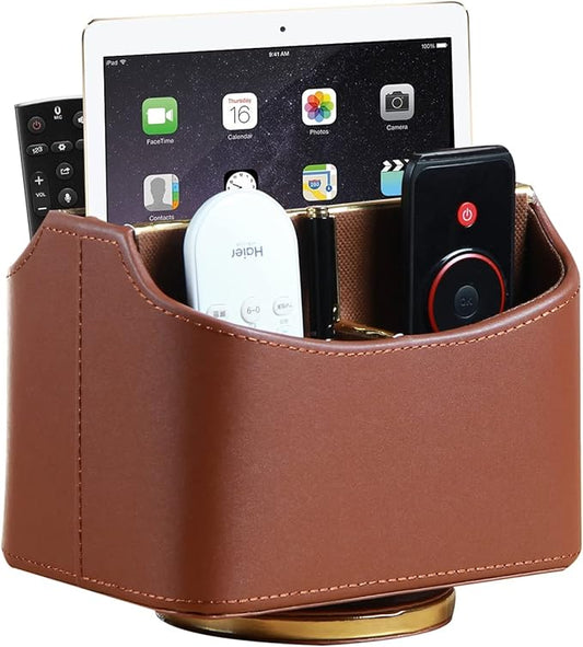 Remote Control Holder, Swivel Desk Organizer and Accessories Decorations for Living Room, PU Leather Room Decor Aesthtic, Bedside Table Organizer Remotes Caddy for TV Controllers/ Stationery