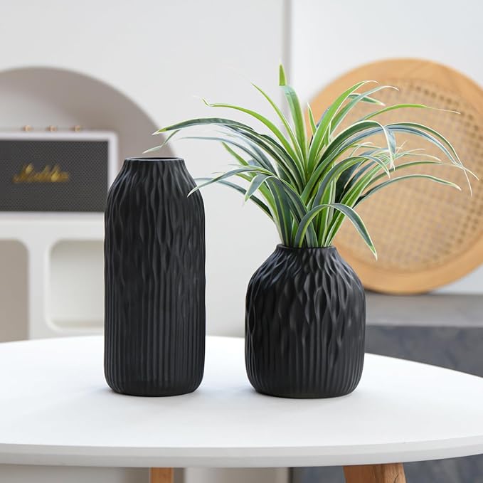 Black Ceramic Flower Vase Set of 2, Porcelain Cylindrical Dried Flowers Holder, Decorating for Drawing Room/Table/Study/Office Entryway, Modern Simple Boho Style (Black)