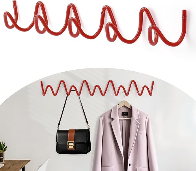 Coat Rack Wall Mount, Creative Wave Wall Hooks 20KG Capacity, Easy Installation, Multi-Purpose Hooks for Coat, Hat, Bag, Umbrella (Red, 49cm x 7.5cm (19.29" x 2.95"))